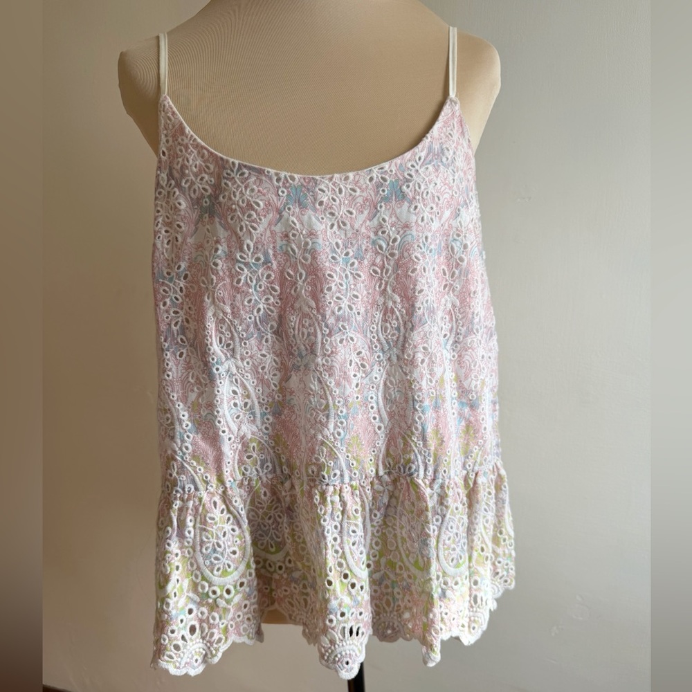 Anthropologie Featherbone White Blouse with Pastel Pink & Light Blue Embroidery